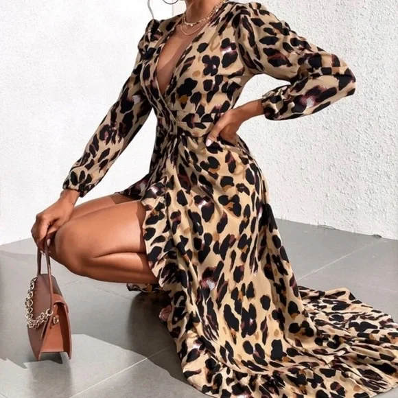 Zara Leopard Maxi Dresses Leopard Button Up Dress Wrap Front